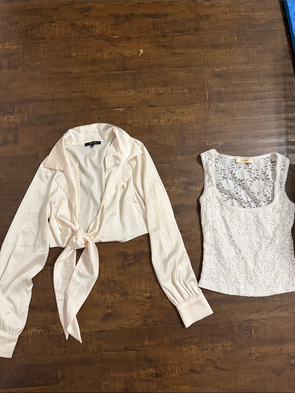 Cream Tie-Front Blouse and Lace Tank Top Set - Cream
